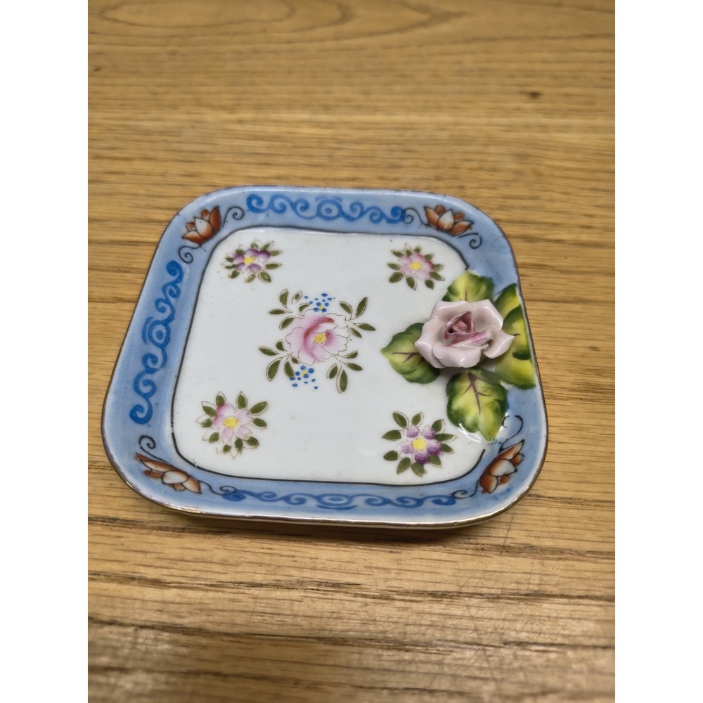 Occupied Japan Vintage Porcelain Floral Trinket Dish 3D Rose Gold Trim Square 4"